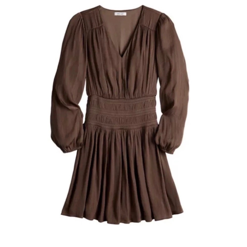 Nine West Womens Plus 2X Brown Smocked Waist V-Neck Long Sleeve Mini Dress - Picture 3 of 6
